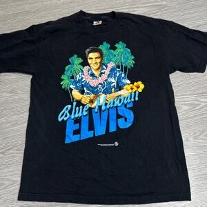 Vintage 90s Black Elvis Presley Blue Hawaii Rock Music T Shirt 1998 Sz Large